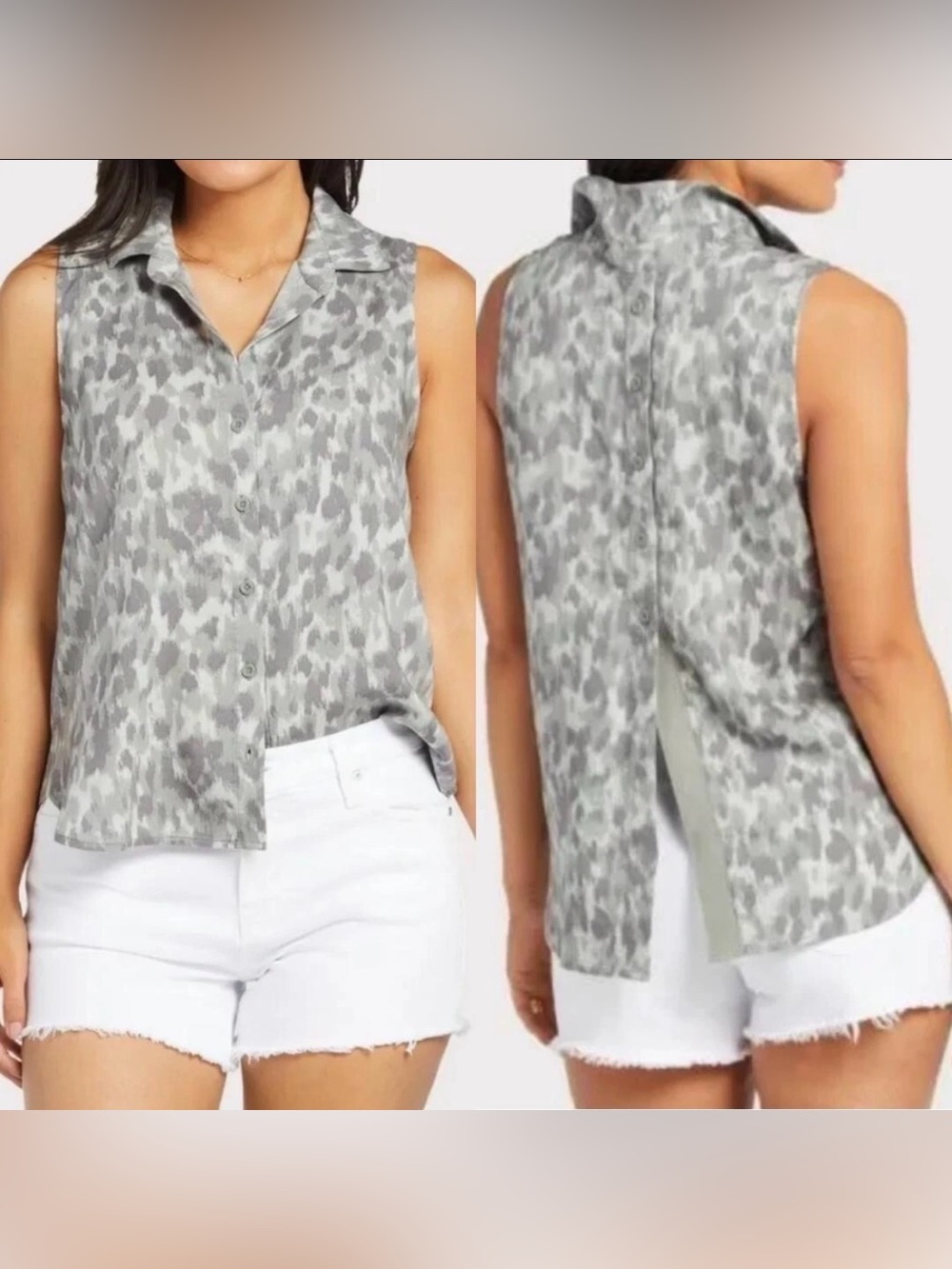 Cloth & Stone Anthropologie Leopard Print Sleeveless Split Back Button Up S